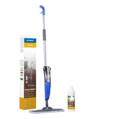 Dr. Schutz SprayMop with microfibre pad, cleaning solution, and packaging – ideal for cleaning PU-sealed floors safely and effectively.