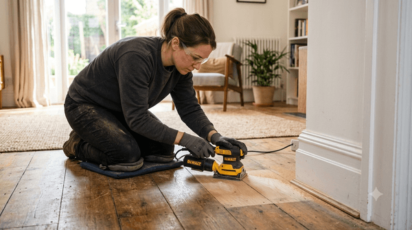 Person using a hand sander on wooden floorboards during wood floor sanding in a London home