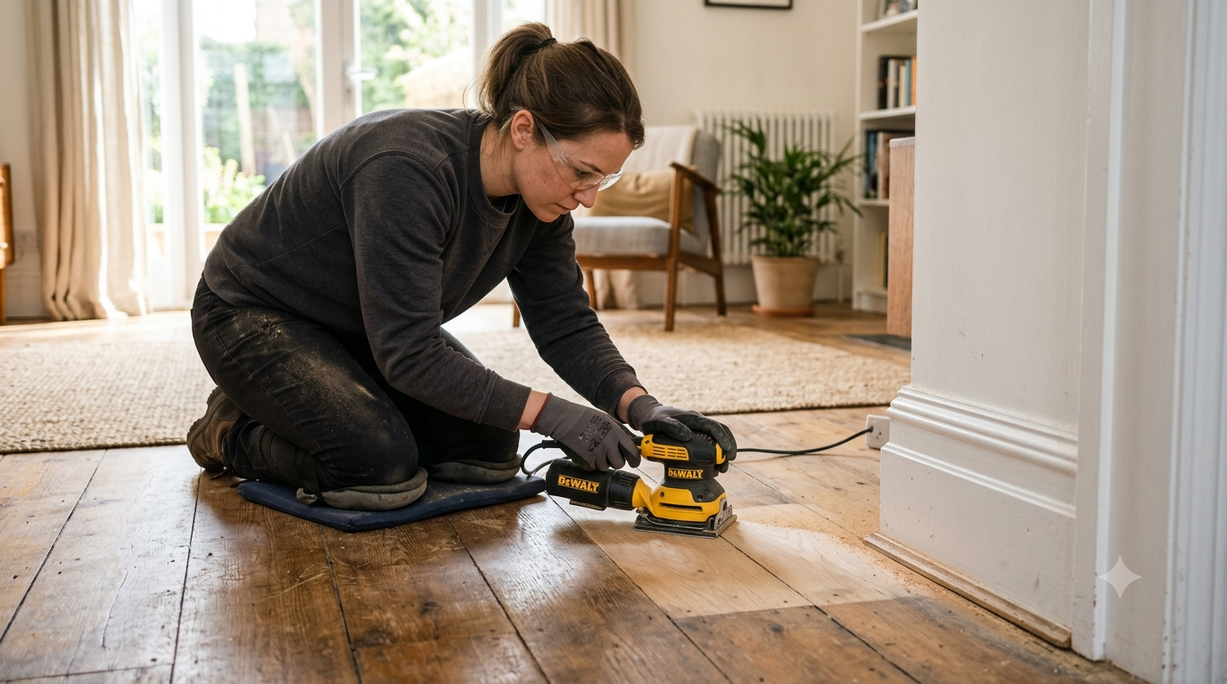 Person using a hand sander on wooden floorboards during wood floor sanding in a London home