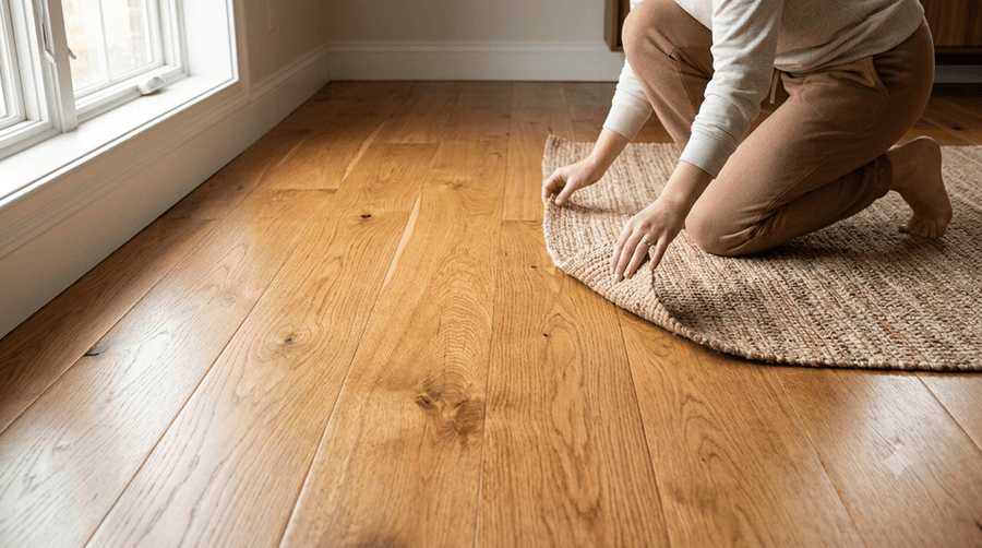 Homeowner placing a rug on restored wooden flooring after a professional floor restoration service in London.