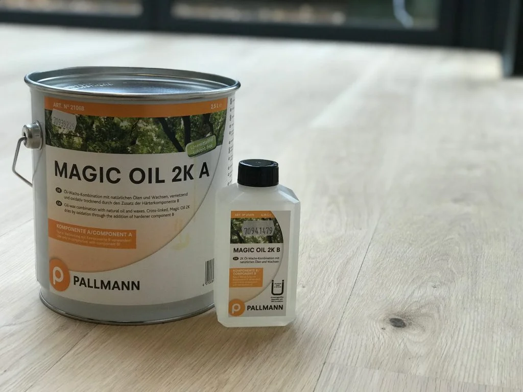 Pallmann Magic Oil 2K placed on a freshly sanded oak floor in Dulwich Village before application for a durable, natural finish.