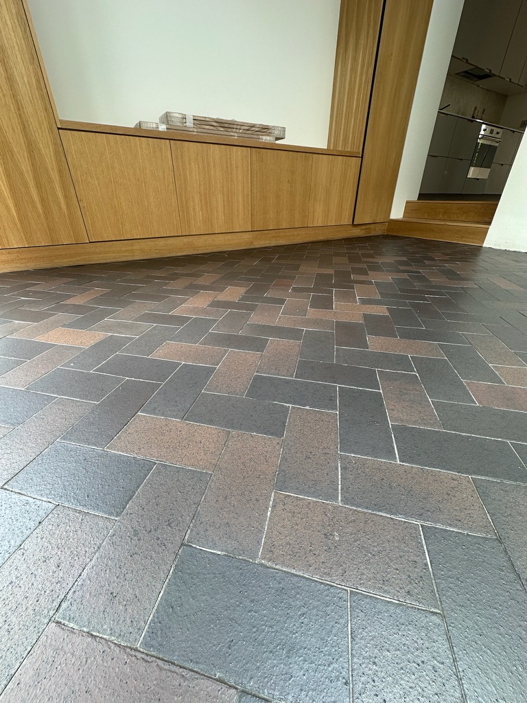 Blue brick ceramic floor cleaned and sealed in a Kentish Town living space.