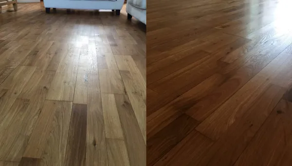 Side-by-side comparison of an oak floor restoration in Pratts Bottom, South London. The left image shows the worn, faded oak floor before sanding and oiling, while the right image displays the revitalised, rich-toned oak floor after restoration.