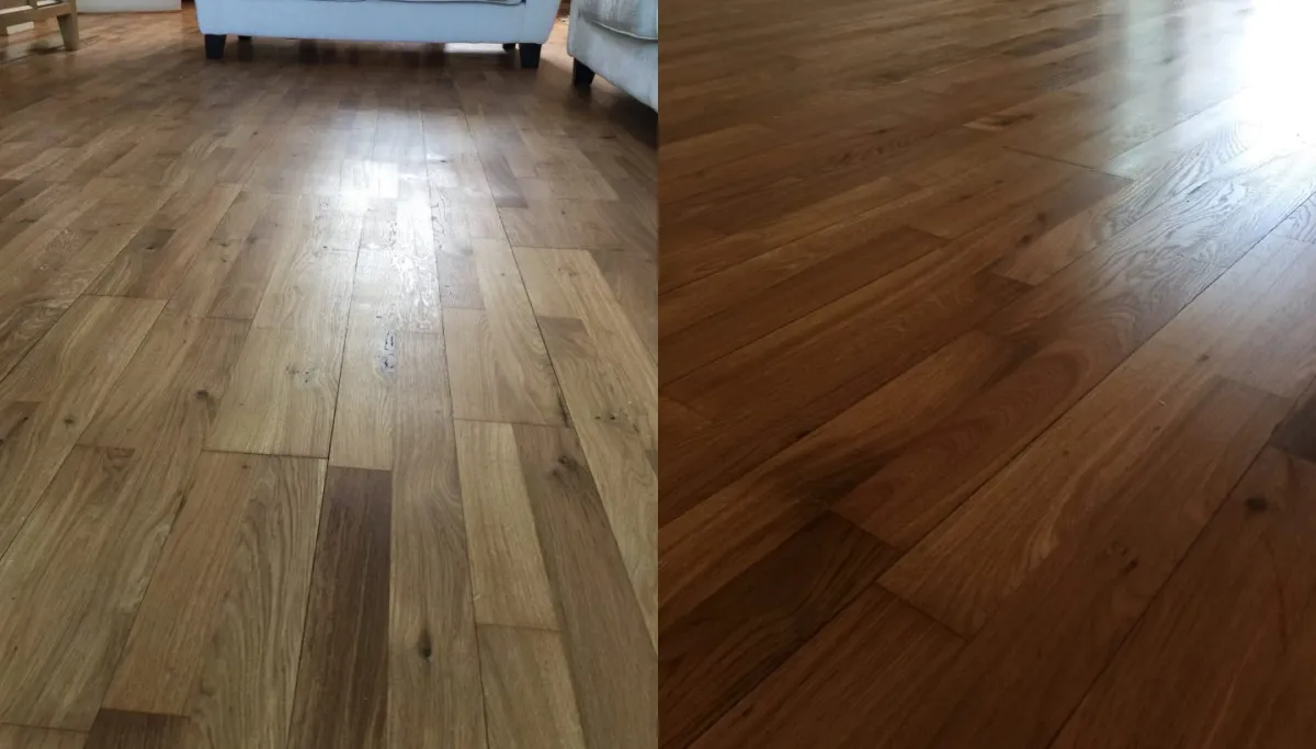 Side-by-side comparison of an oak floor restoration in Pratts Bottom, South London. The left image shows the worn, faded oak floor before sanding and oiling, while the right image displays the revitalised, rich-toned oak floor after restoration.