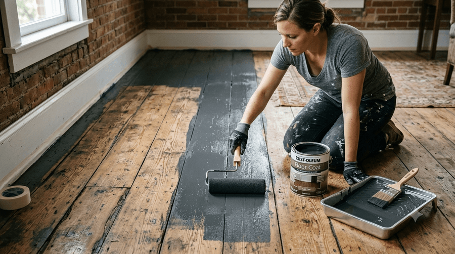 Professional applying dark floor paint to wooden floorboards in a London property