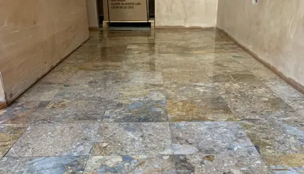 Marble floor after professional cleaning and polishing, showing restored shine and natural stone variation