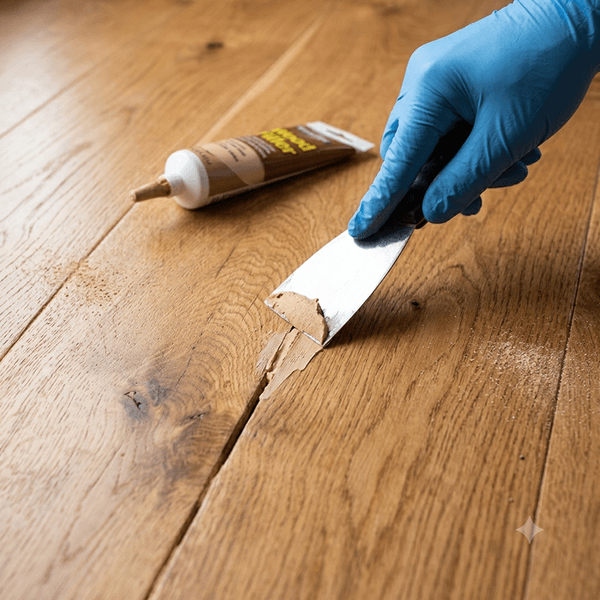 Flooring specialist applying wood filler during a wooden floor gap repair service in London.