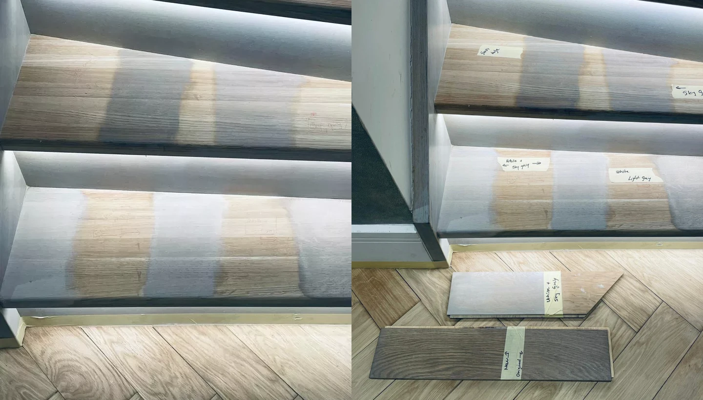 Multiple grey stain samples tested on an oak staircase in Kensington, showcasing different shades to achieve a bespoke flooring finish.
