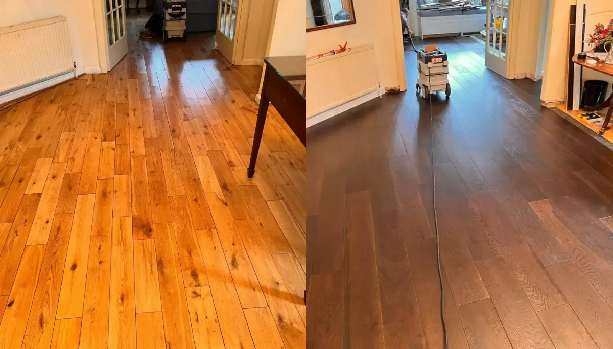 Before and after transformation of a wood floor fitting project in St Johns Wood, London, showing a lighter floor refinished to a rich dark tone.