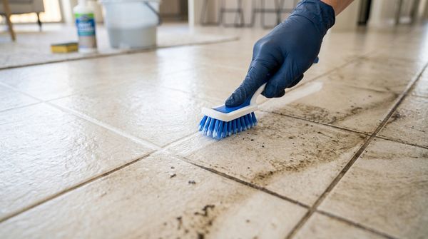 Close-up of a gloved hand scrubbing dirty tile grout lines with a blue cleaning brush