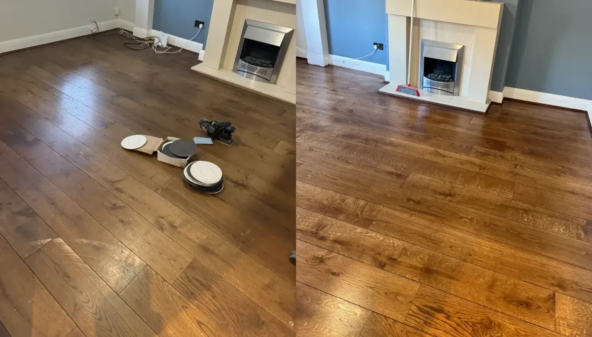Before and after images of oak floor sanding, staining, and oiling in Hither Green, London.