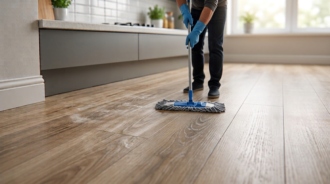 Close-up of a person using a grey dust mop with blue handle to clean a wood-effect floor in a domestic kitchen.