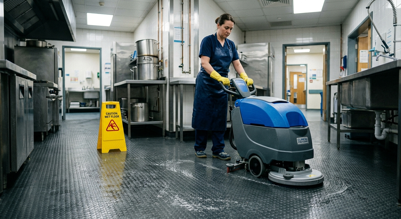 Cleaner in an apron and gloves using a Clinical Pro-Clean scrubber machine on a rubber-studded commercial kitchen floor, with a wet floor sign and stainless steel equipment nearby.