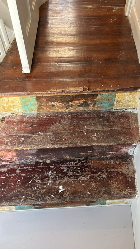 Victorian pine staircase before sanding and restoration in London home
