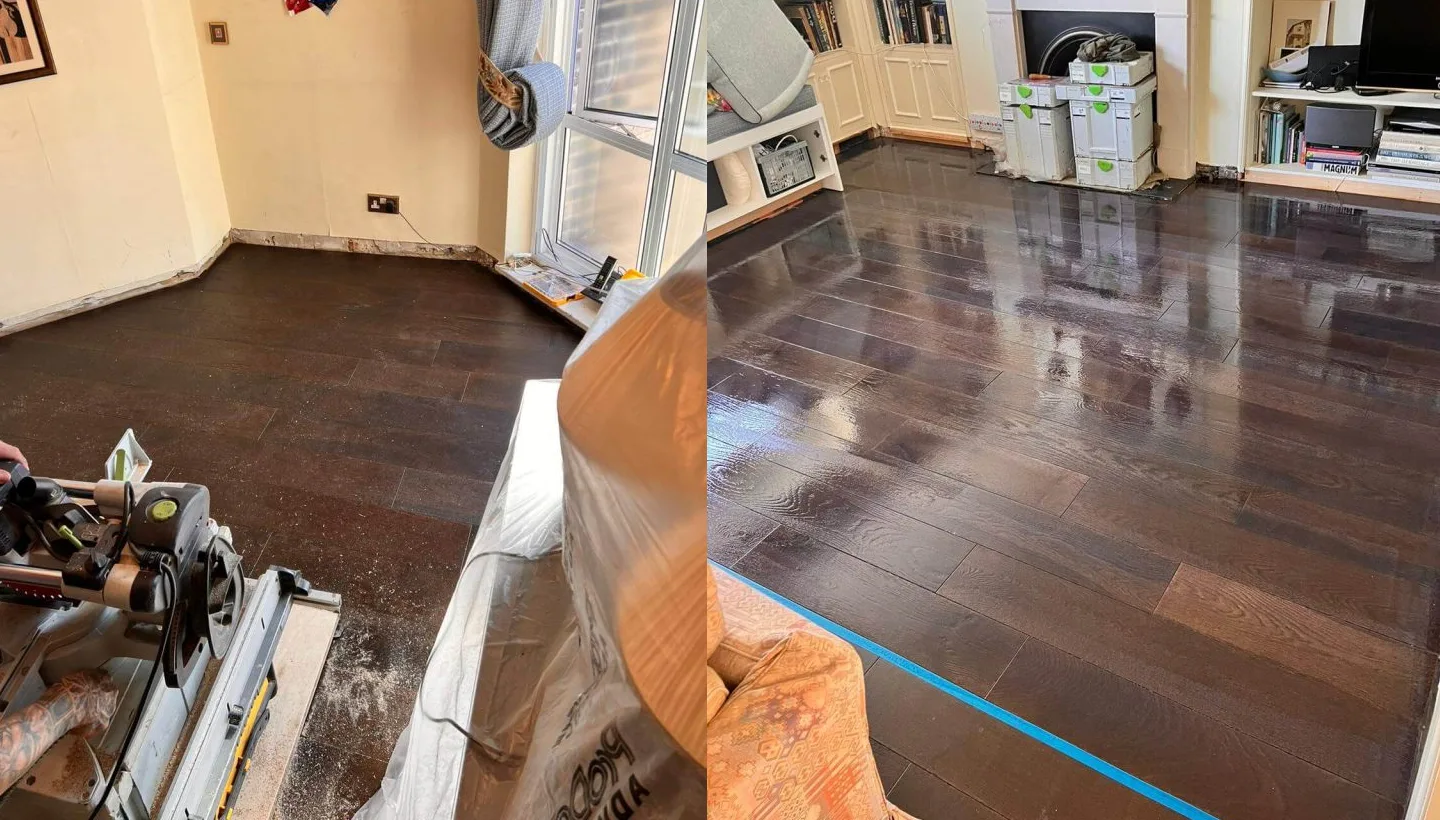 Wood floor installation and refinishing process in St Johns Wood, London, showcasing sanding and final lacquer application.