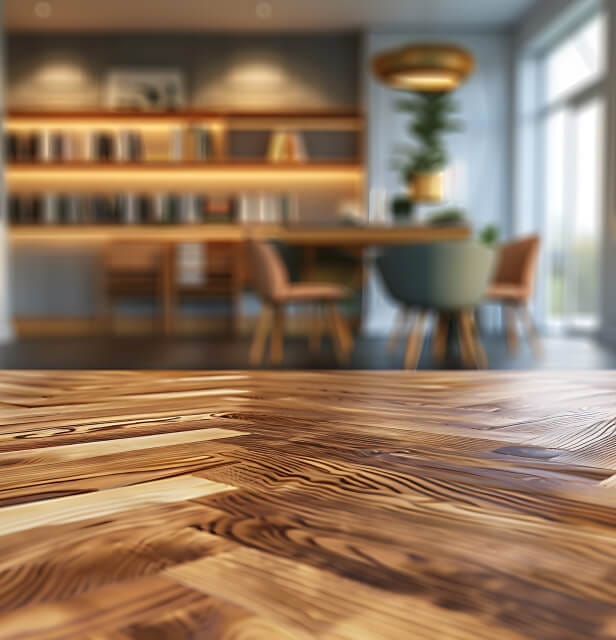 Close-up of a wood floor part-way through restoration