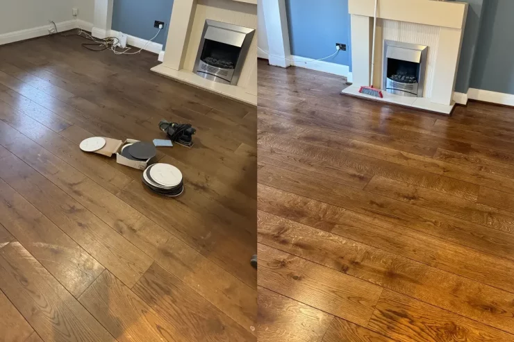 Before and after images of oak floor sanding, staining, and oiling in Hither Green, London.