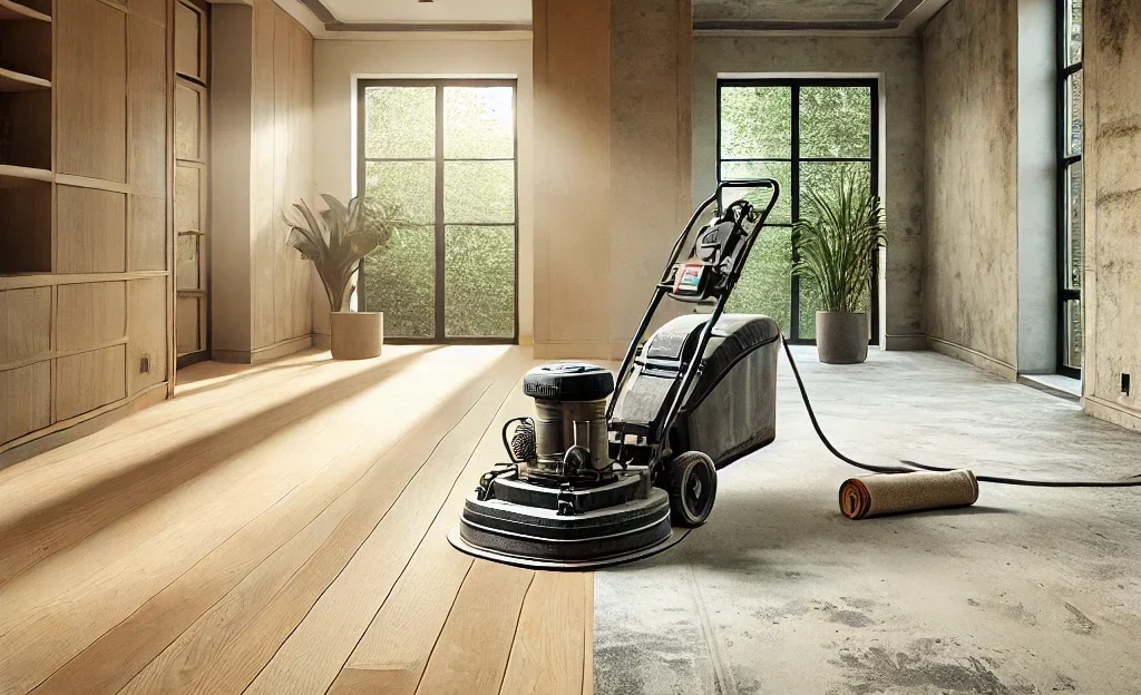 A professional floor sanding machine in use, with half the floor freshly sanded and the other half still covered in old paint splatters. The walls are newly painted, demonstrating the choice between sanding before or after painting while maintaining a dust-free environment.