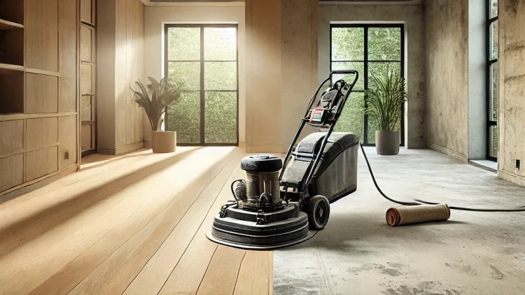 A professional floor sanding machine in use, with half the floor freshly sanded and the other half still covered in old paint splatters. The walls are newly painted, demonstrating the choice between sanding before or after painting while maintaining a dust-free environment.